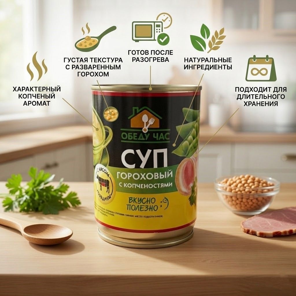 Суп гороховый с копченостями, ж/б 9, 360 г (Обеду час) с доставкой по России | BreadyФото 1