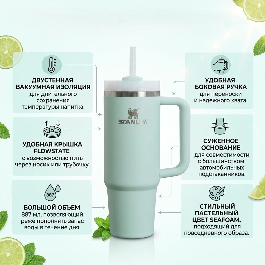 Термокружка STANLEY THE QUENCHER H2.0 FLOWSTATE TUMBLER 887 ml (морская пена seafoam), 10-11912-124 с доставкой по России | BreadyФото 1