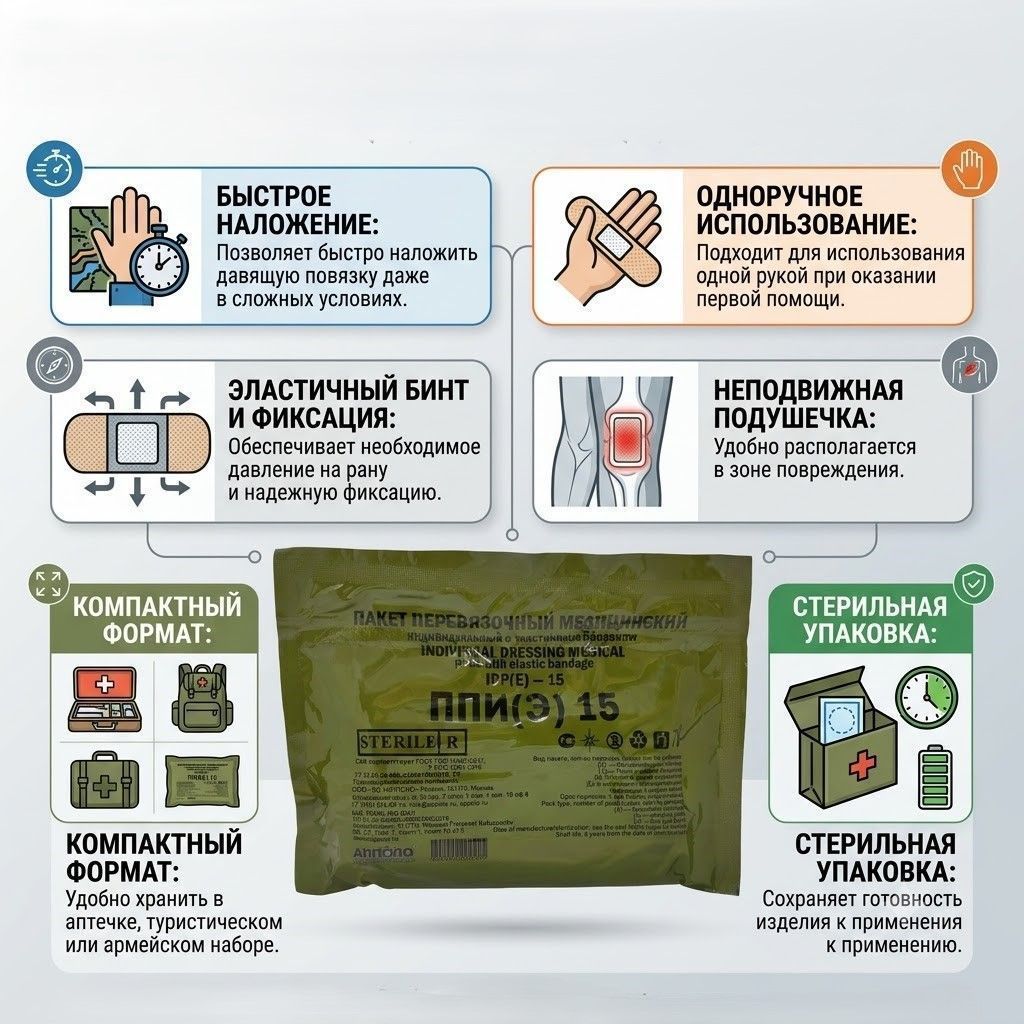 Бандаж (Пакет перевязочный индивидуальный) ППИ-Э-15 одна подушка, АППОЛО с доставкой по России | BreadyФото 1