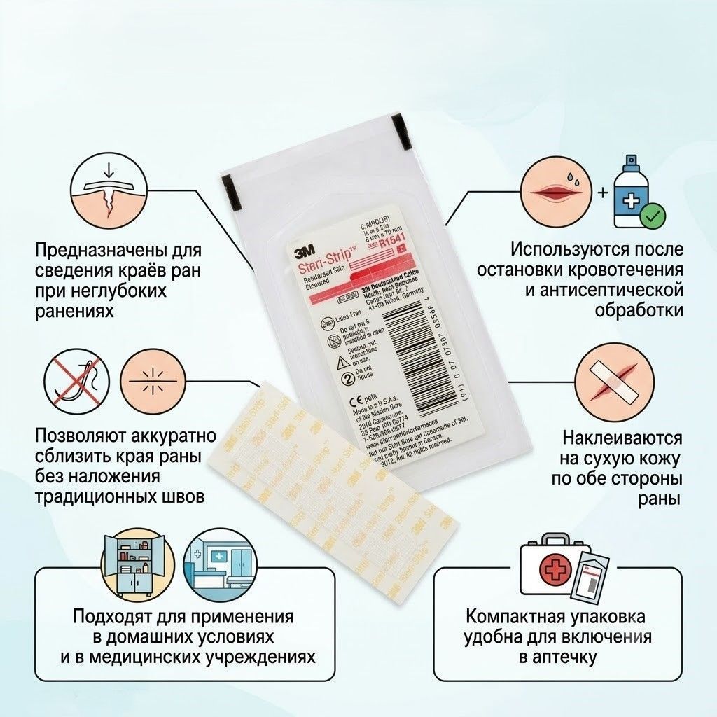 Полоски для сведения краёв ран 3M R1541 Steri-Strip 6x75 мм с доставкой по России | BreadyФото 1
