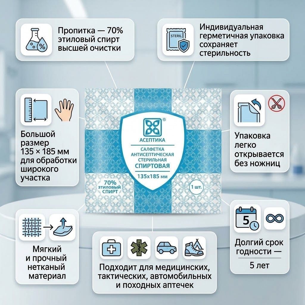 Салфетка антисептическая стерильная «М.К. Асептика» спиртовая 135х185 мм с доставкой по России | BreadyФото 1