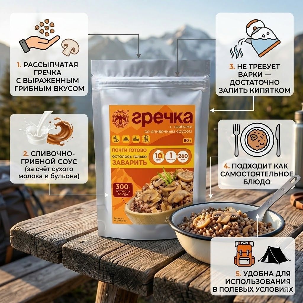 Гречка с грибами в соусе со сливочным вкусом СПЕЦПИТ 80 гр. с доставкой по России | BreadyФото 5