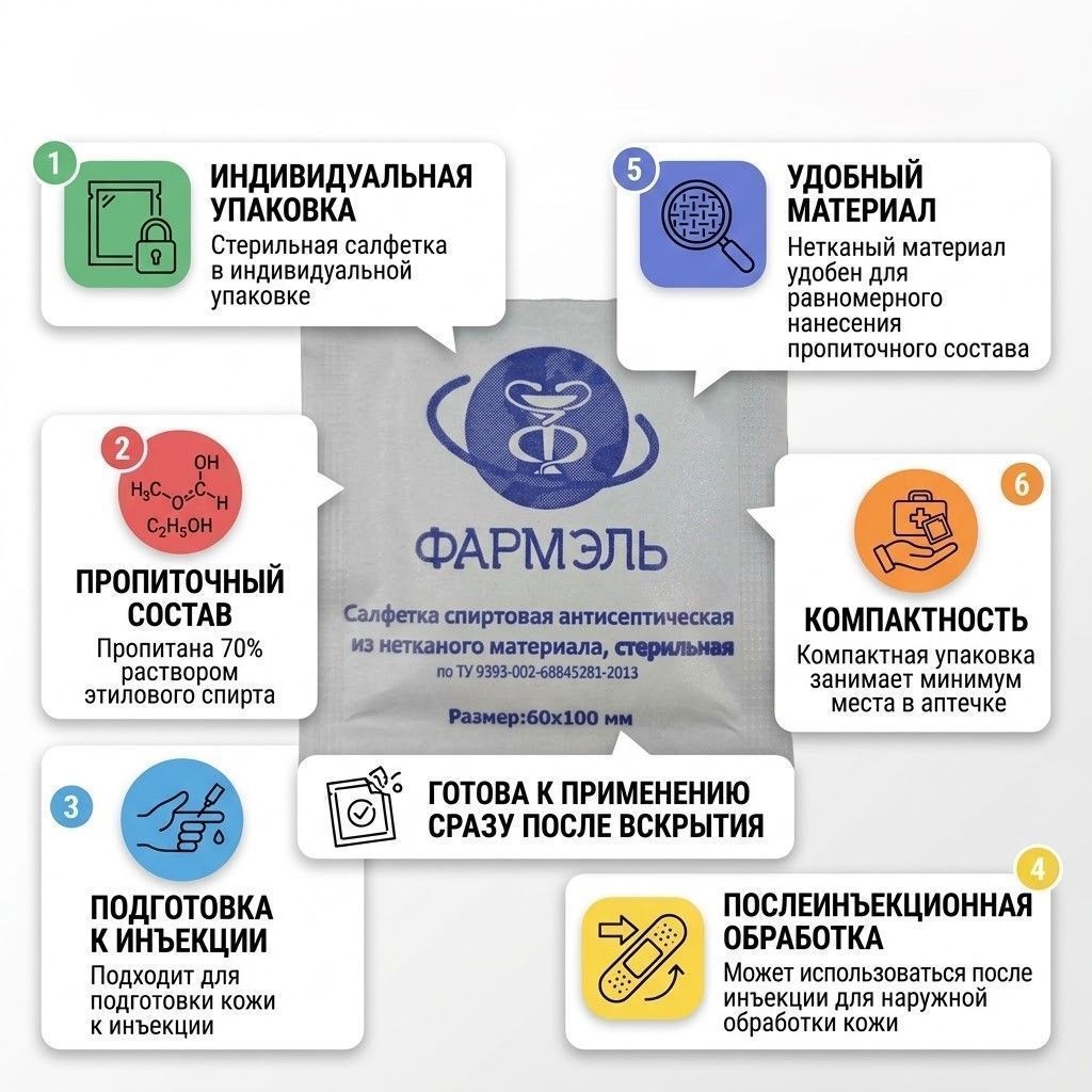 Салфетка спиртовая антисептическая из нетканого материала,  стерильная  60х100 мм, «Фармель» с доставкой по России | BreadyФото 2