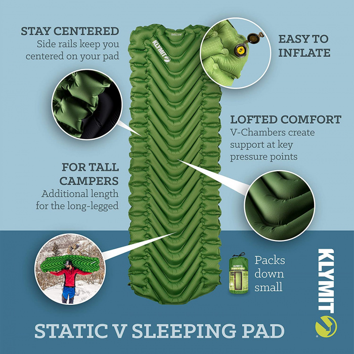 Надувной коврик KLYMIT Static V Long зеленый с доставкой по России и в Казахстан | Bready