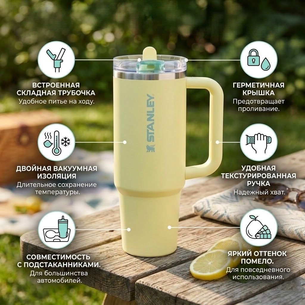 Термокружка STANLEY The Quencher ProTour Flip Straw Tumbler 887 ml (помело pomelo), 10-12981-015 с доставкой по России | BreadyФото 1