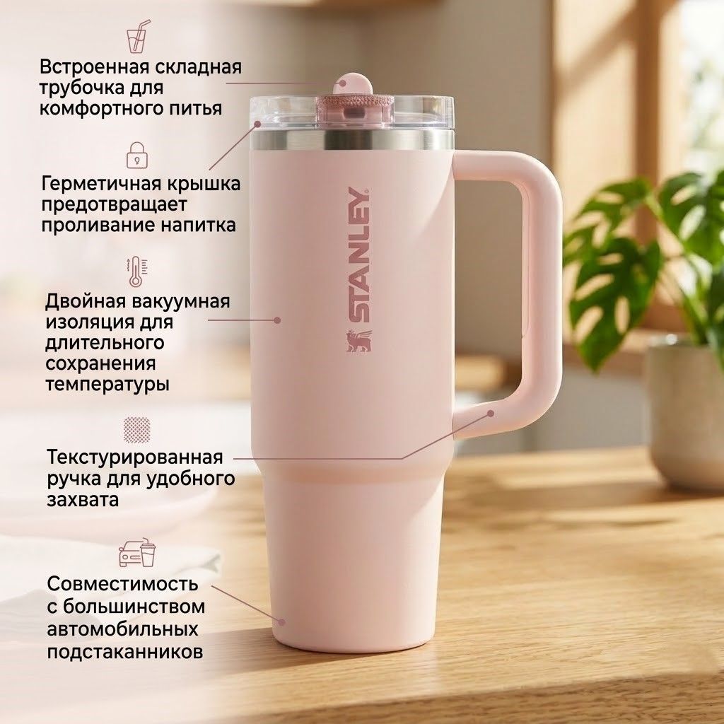 Термокружка STANLEY The Quencher ProTour Flip Straw Tumbler 887 ml (розовый кварц rose quartz), 10-12981-007 с доставкой по России | BreadyФото 1