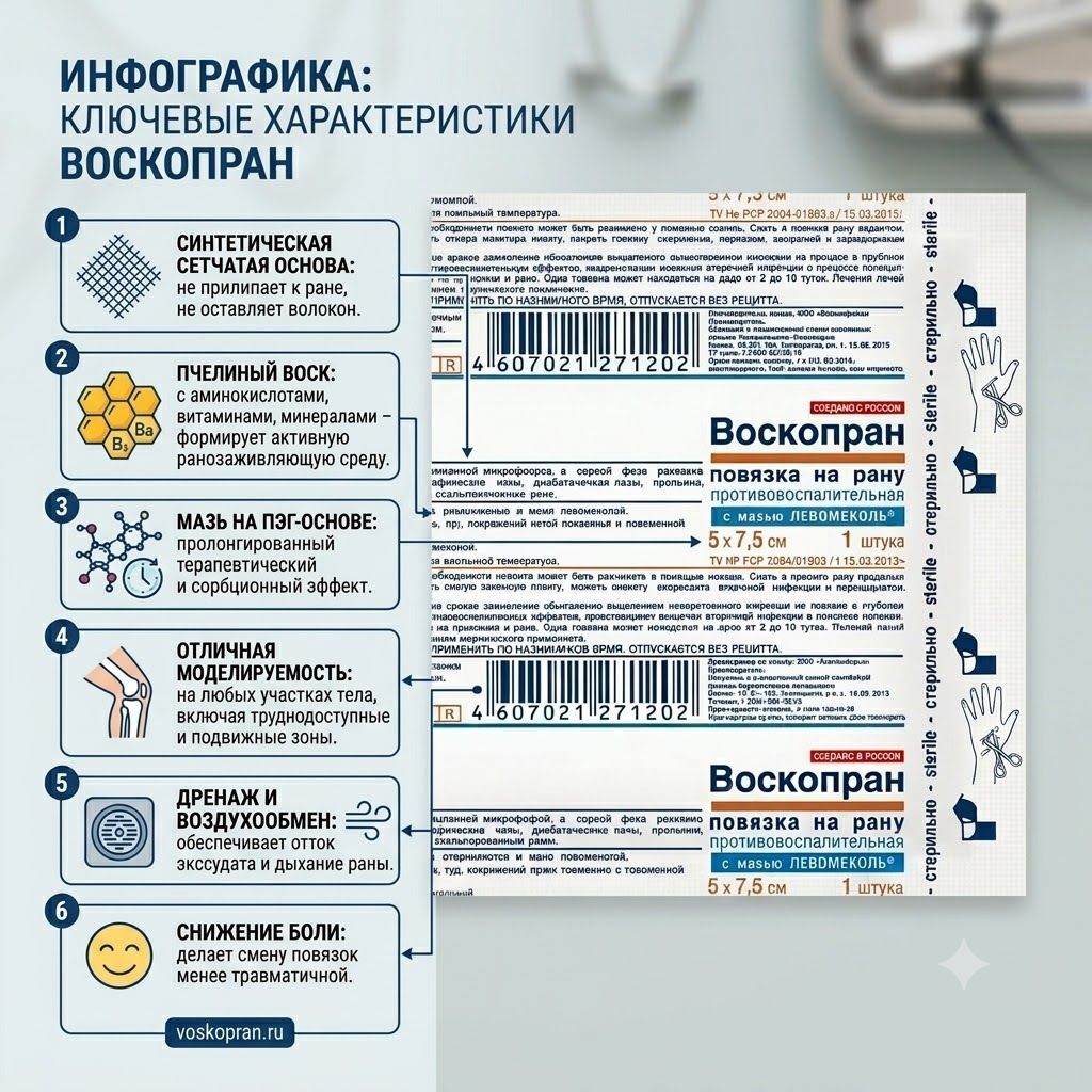 ВОСКОПРАН повязка с левомеколем (Левометил) 5х7,5 см 1 шт. с доставкой по России | BreadyФото 1