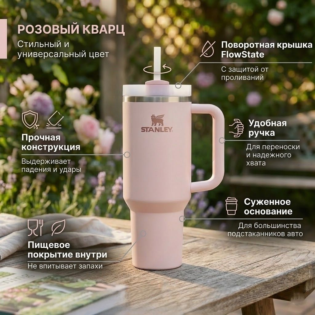 Термокружка STANLEY THE QUENCHER H2.0 FLOWSTATE TUMBLER (розовый кварц rose quartz 2.0) 1,18L, 10-11913-089 с доставкой по России | BreadyФото 1