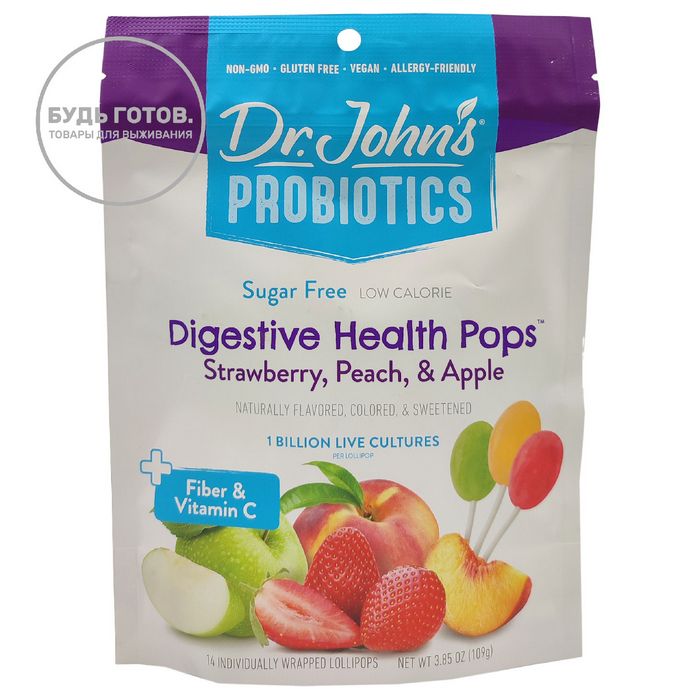 Леденцы Dr.Johns Probiotics Digestive Health Pops (клубника, персик яблоко) с доставкой по России и в Казахстан | BreadyФото 0