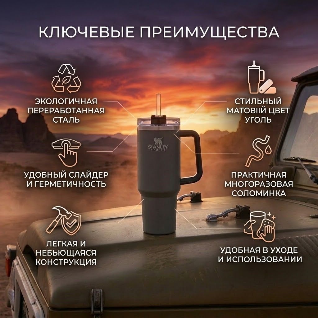 Термокружка STANLEY FLOWSTATE TUMBLER 10-11912-001 уголь 887 ML с доставкой по России | BreadyФото 1