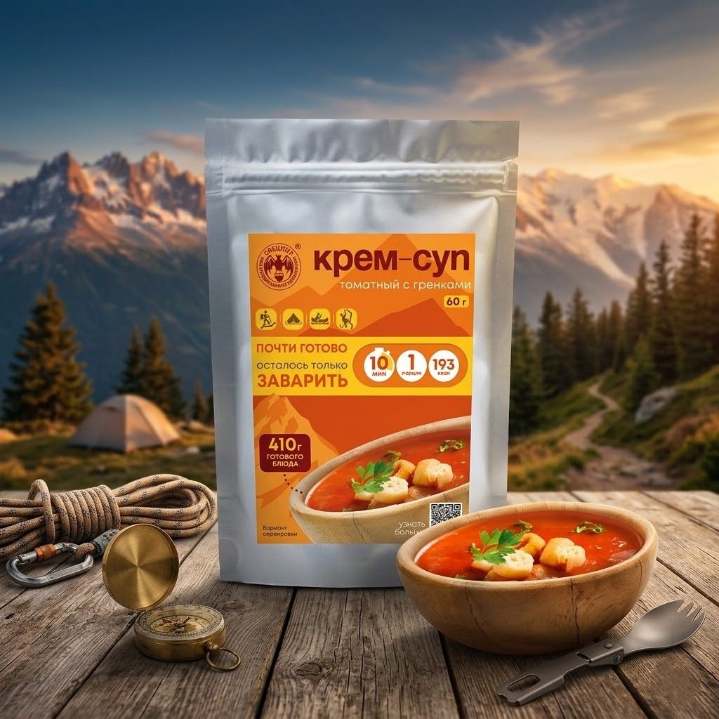 Крем-суп томатный с зеленой фасолью, гренками и мясом СПЕЦПИТ 60 гр. с доставкой по России | BreadyФото 4
