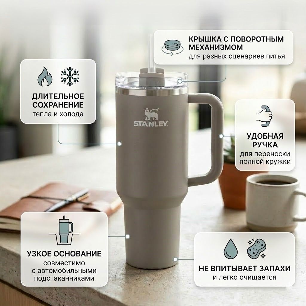 Термокружка STANLEY THE QUENCHER H2.0 FLOWSTATE TUMBLER, 1,18L, 10-11913-075 (пепельный) с доставкой по России | BreadyФото 1