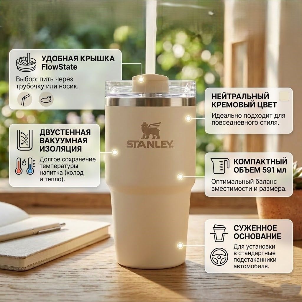 Термокружка STANLEY Adventure Quencher H2.0 FlowState Tumbler 10-11911-024,  cream 2.0,  591mL с доставкой по России | BreadyФото 1