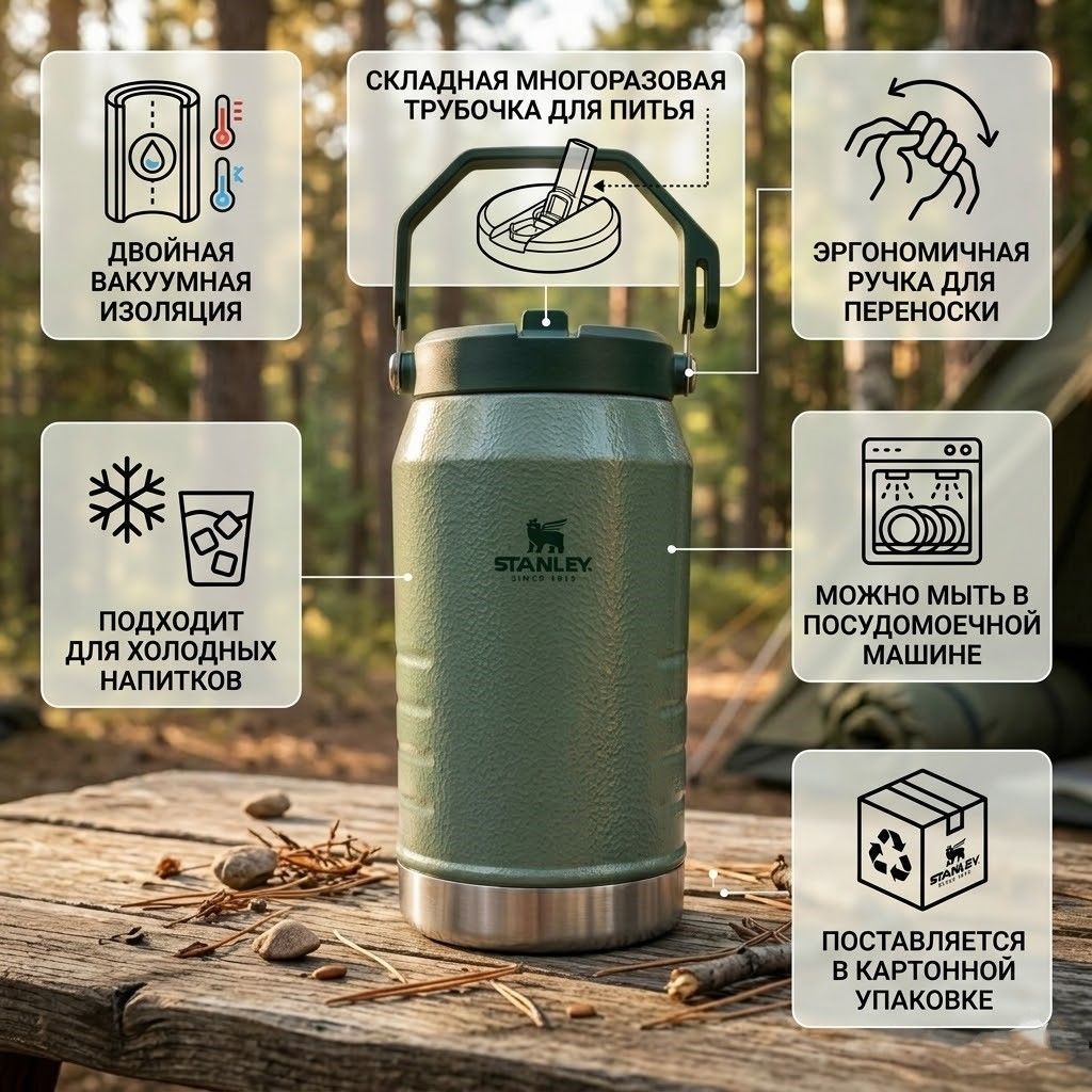 Вакуумный кувшин Stanley IceFlow Flip Straw Jug 1.9L (темно-зеленый), 10-09995-036 с доставкой по России | BreadyФото 1