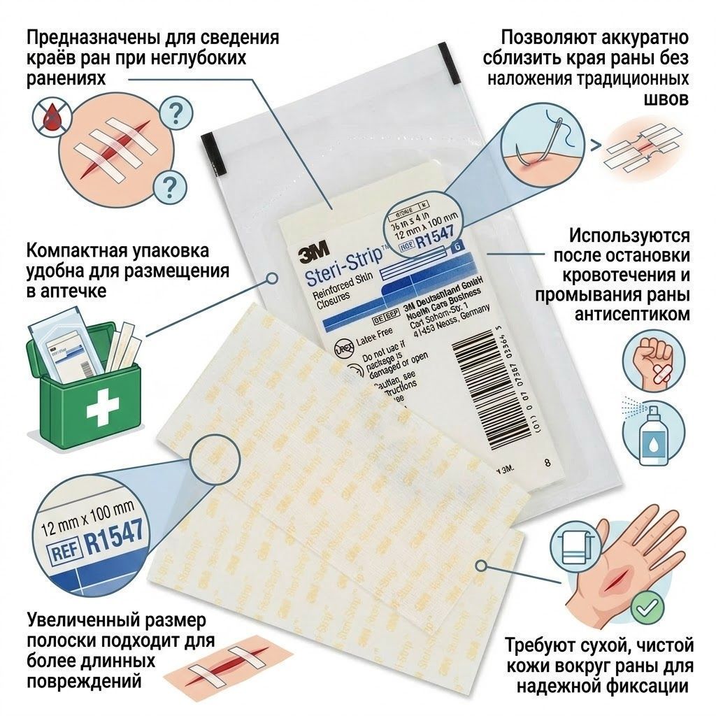 Полоски для сведения краёв ран 3M R1547 Steri-Strip 12x100 мм с доставкой по России | BreadyФото 1