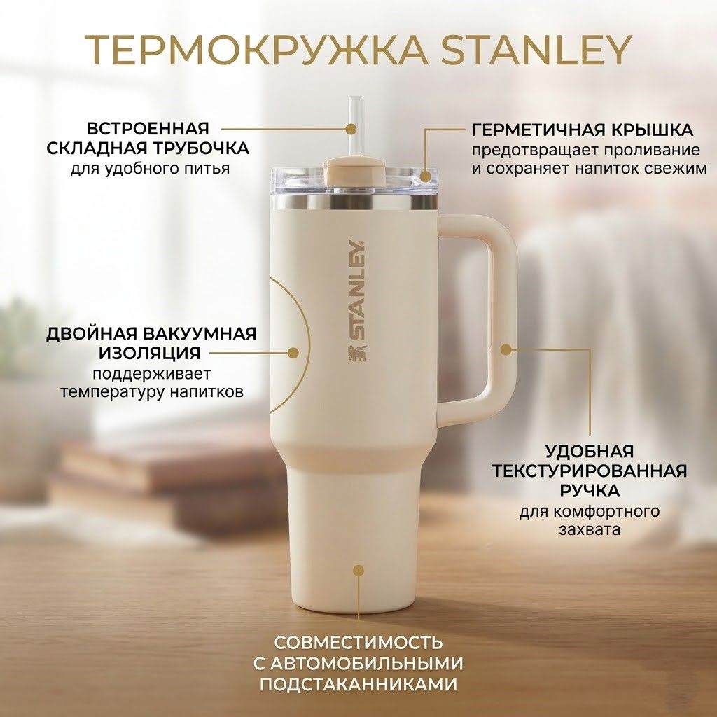 Термокружка STANLEY The Quencher ProTour Flip Straw Tumbler 1.18 l (крем cream), 10-12982-008 с доставкой по России | BreadyФото 1