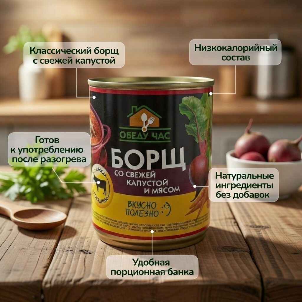 Борщ со свежей капустой и мясом, ж/б 9, 360 г (Обеду час) с доставкой по России | BreadyФото 1