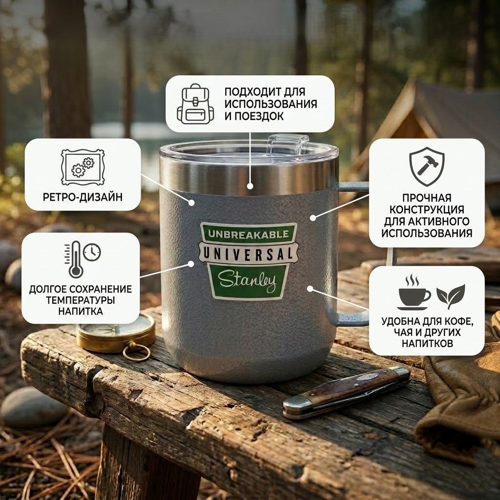 Кружка THE MILESTONES CAMP MUG STANLEY, 10-09366-240 (цвет 1960 Hammertone Silver) с доставкой по России | BreadyФото 1