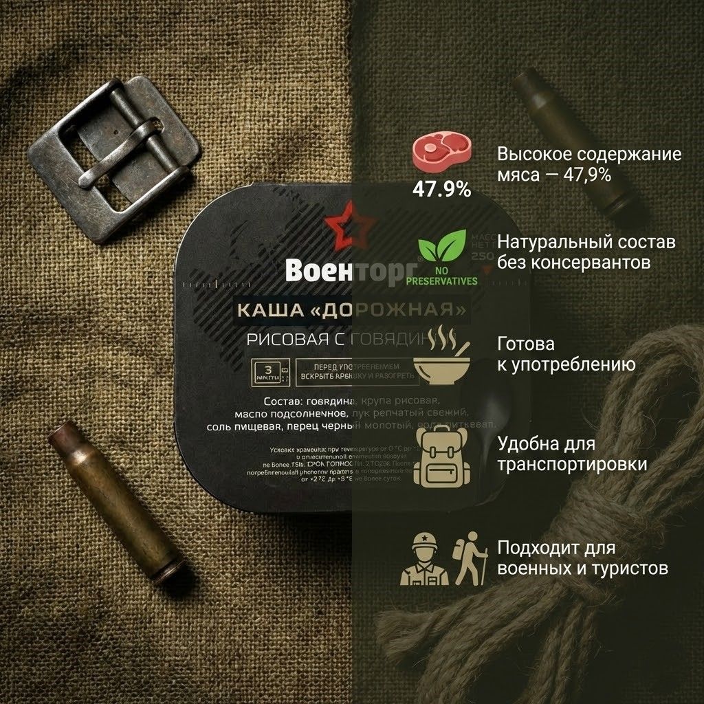 Каша рисовая с говядиной Дорожная Л4, 250 г (Военторг) с доставкой по России | BreadyФото 1