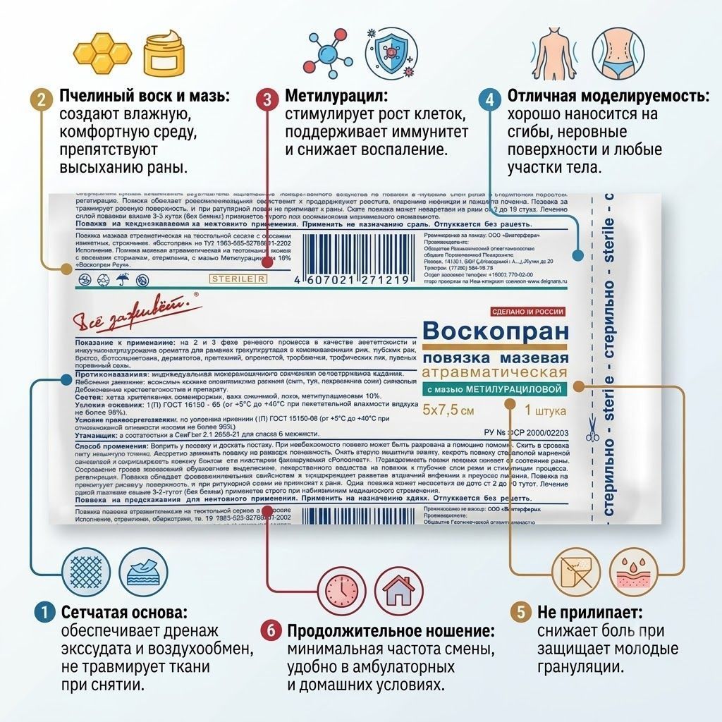 ВОСКОПРАН повязка с метилурациловой мазью 5х7,5 см (1 шт.) с доставкой по России | BreadyФото 1