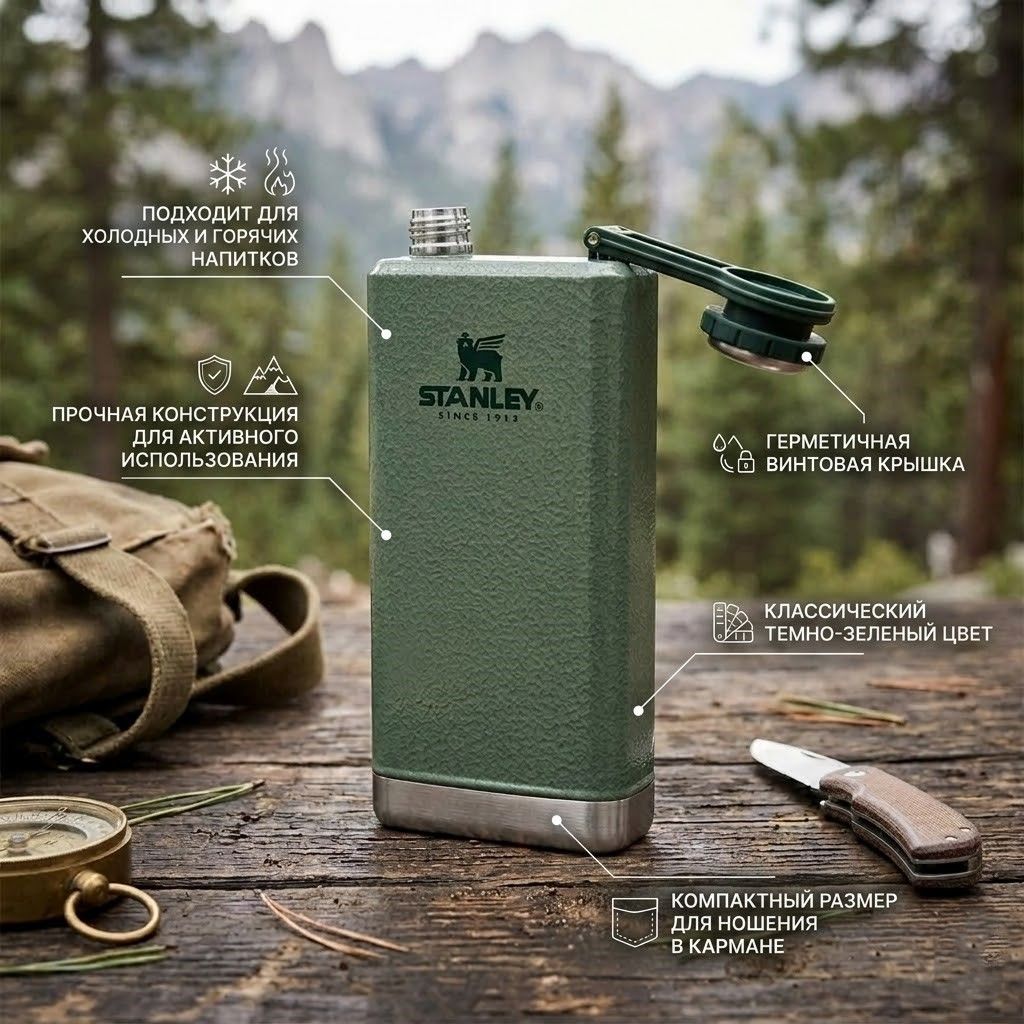 Фляга STANLEY Adventure Pre-party Flask 10-01564-063 темно-зеленая 230mL с доставкой по России | BreadyФото 1