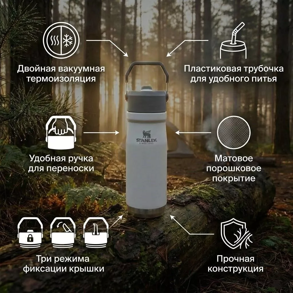 Термобутылка с трубкой Stanley Flip Straw 0,65L (белая) 10-09992-071 с доставкой по России | BreadyФото 1
