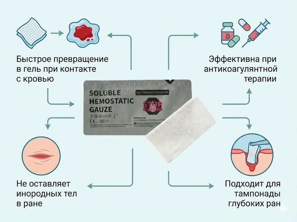 Гемостатическая растворимая повязка SOLUBLE HEMOSTATIC GAUZE 100x100 мм с доставкой по России | BreadyФото 1