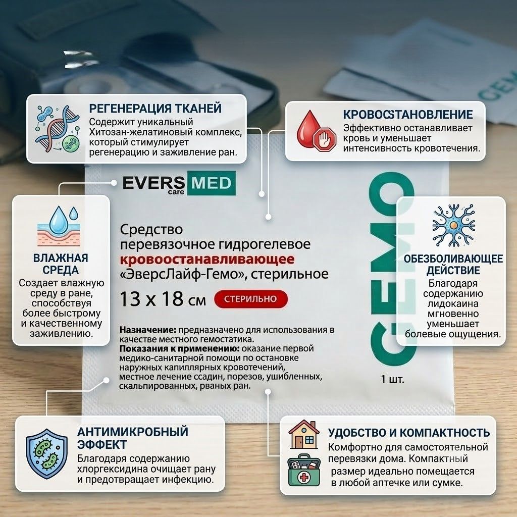 Средство преревязочное гидрогелевое кровоостанавливающее ЭверсМед-Гемо 13х18см. с доставкой по России | BreadyФото 1