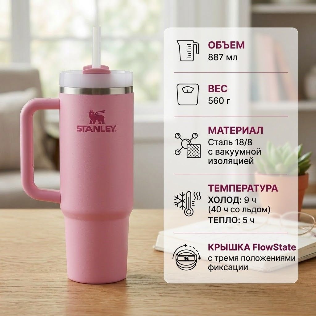 Термокружка STANLEY THE QUENCHER H2.0 FLOWSTATE TUMBLER 887 ml (пион peony), 10-11912-064 с доставкой по России | BreadyФото 1