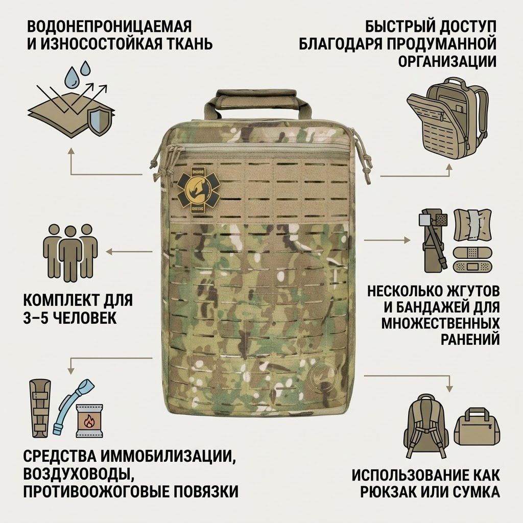 Аптечка рюкзак тактический с наполнением R9 Rhino Rescue 20L1000D (мультикам) с доставкой по России | BreadyФото 1