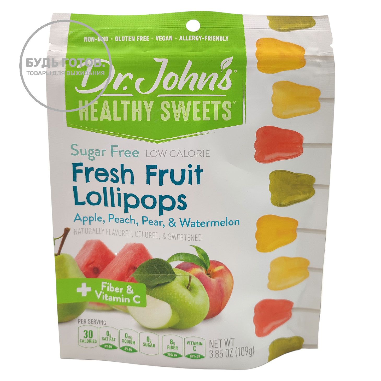 Леденцы DR.Johns Fresh Fruit Lollipops  (яблоко, персик, груша, арбуз) с доставкой по России и в Казахстан | BreadyФото 0