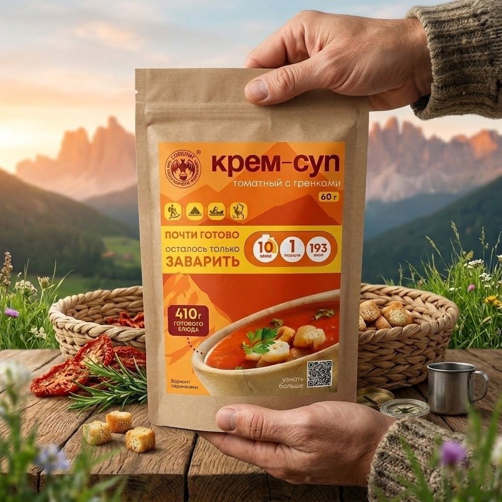 Крем-суп томатный с зеленой фасолью, гренками и мясом СПЕЦПИТ Крафт 60 гр. с доставкой по России | BreadyФото 3