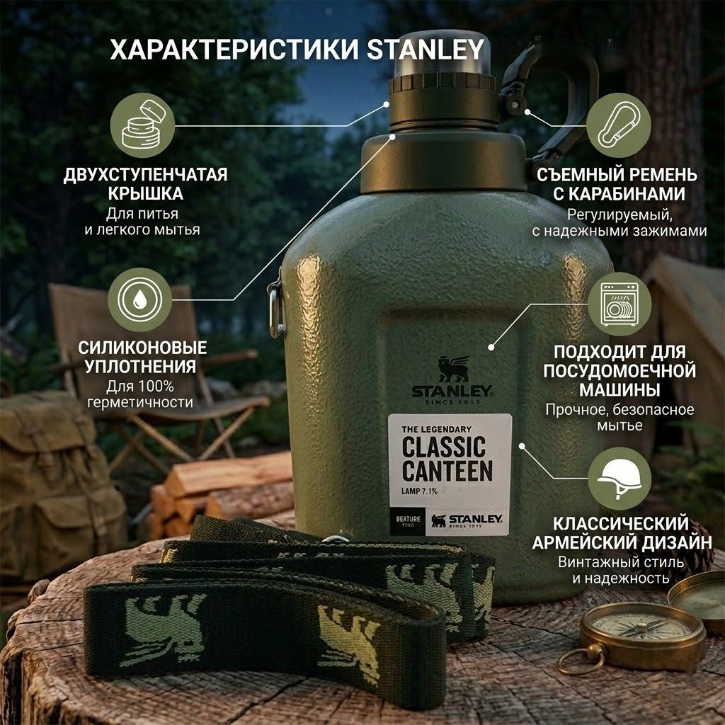 Фляга STANLEY Legendary Classic Canteen 10-11448-006 темно-зеленая 1L с доставкой по России | BreadyФото 1