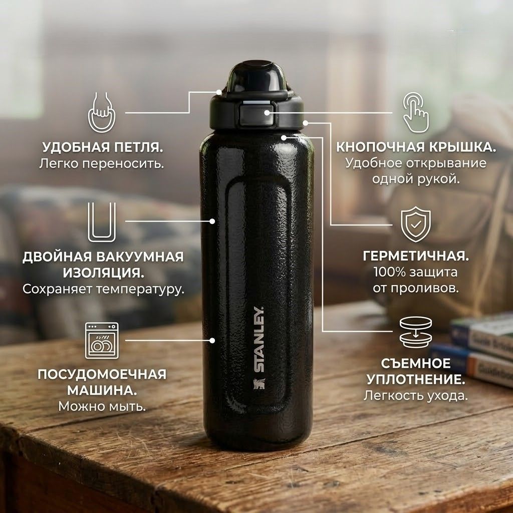 Термобутылка STANLEY The Wellspring Bottle 709 ml (10-13338) Hammertone Black черный с доставкой по России | BreadyФото 1