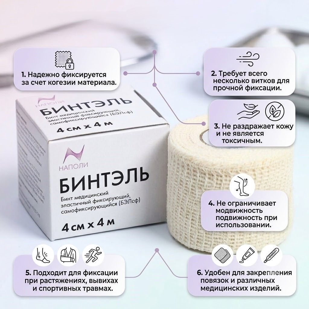 БИНТЭЛЬ Бинт медицинский эластичный, самофиксирующийся 4 см х4 м с доставкой по России | BreadyФото 1