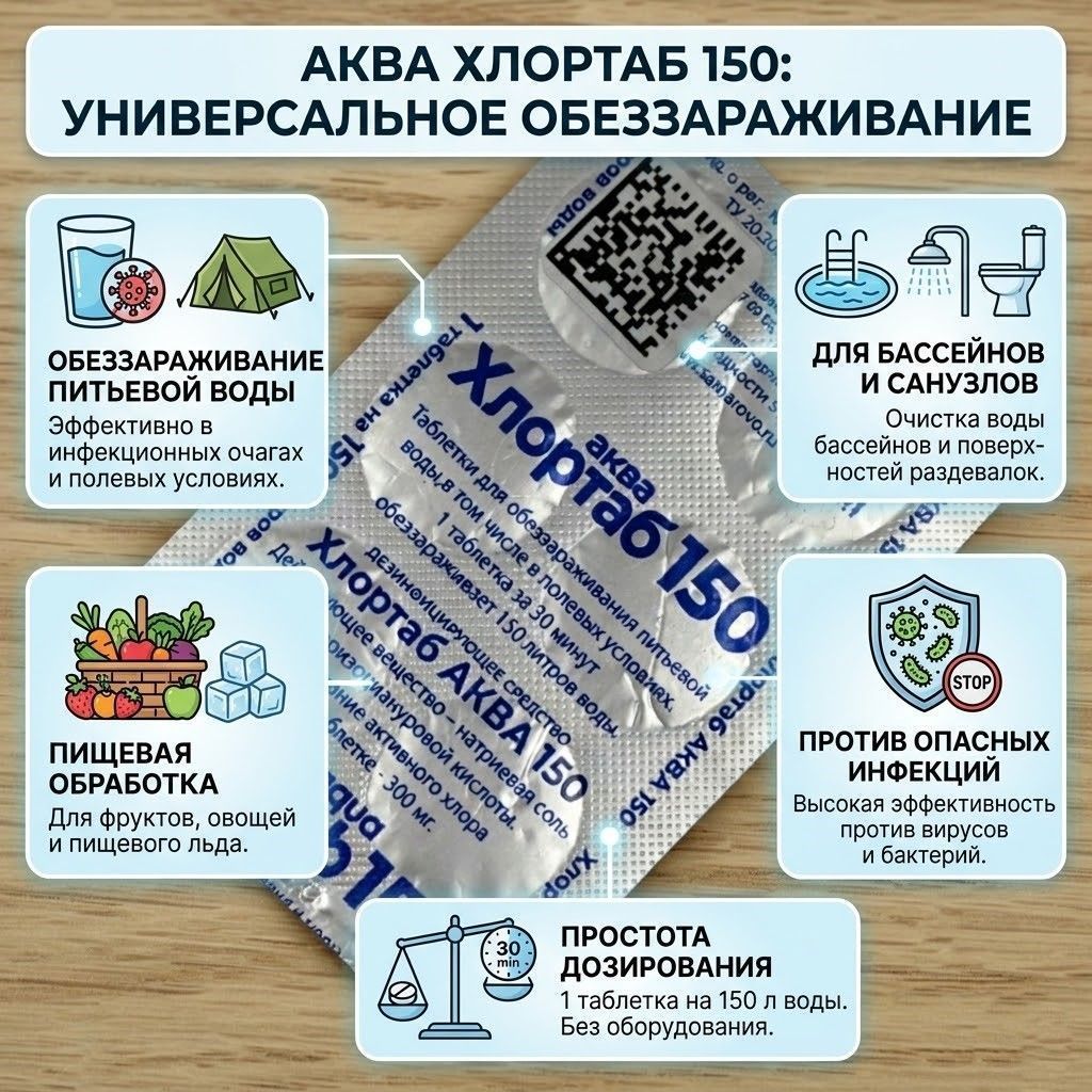 Хлортаб Аква 150 № 6 в блистерах Дезинфицирующие таблетки для обеззараживания питьевой воды с доставкой по России | BreadyФото 1