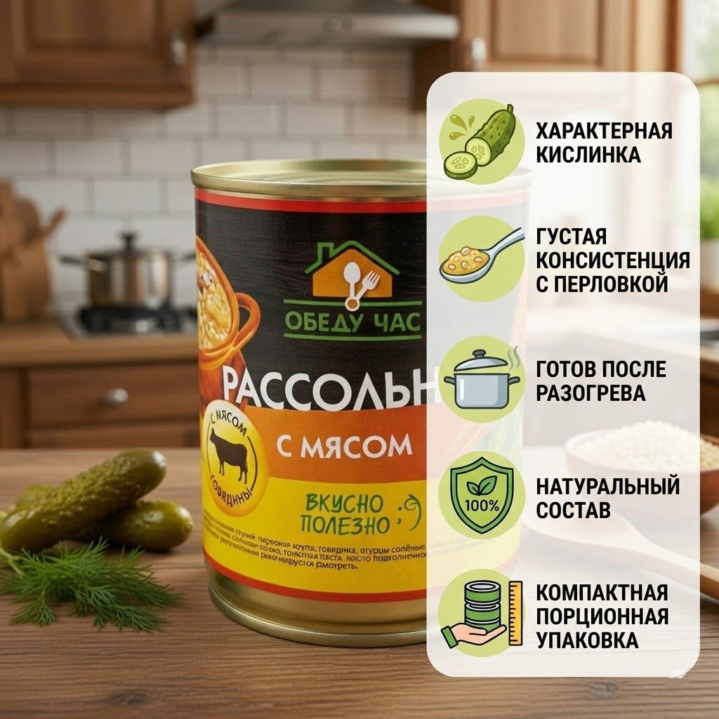 Рассольник с мясом, ж/б 9, 360 г (Обеду час) с доставкой по России | BreadyФото 1