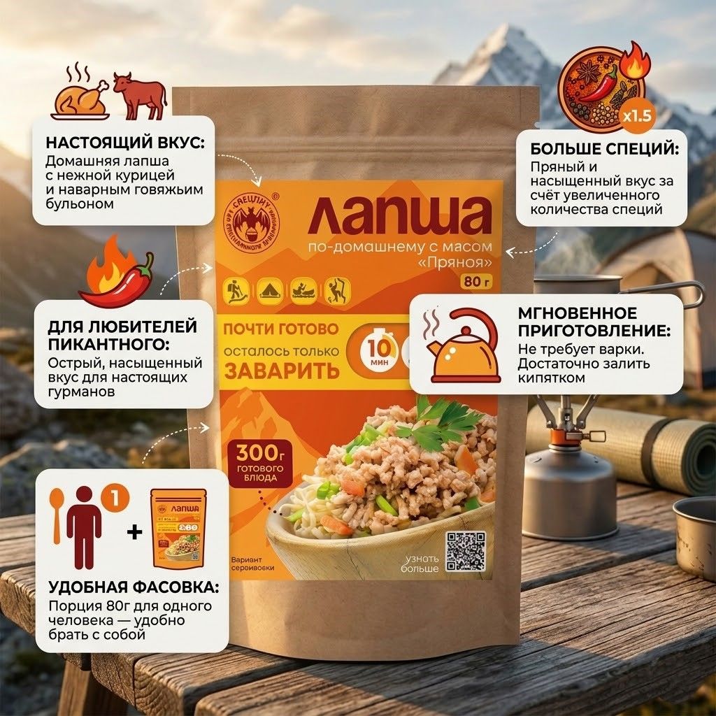 Лапша по-домашнему с мясом "пряная" СПЕЦПИТ Крафт 80 гр. с доставкой по России | BreadyФото 1