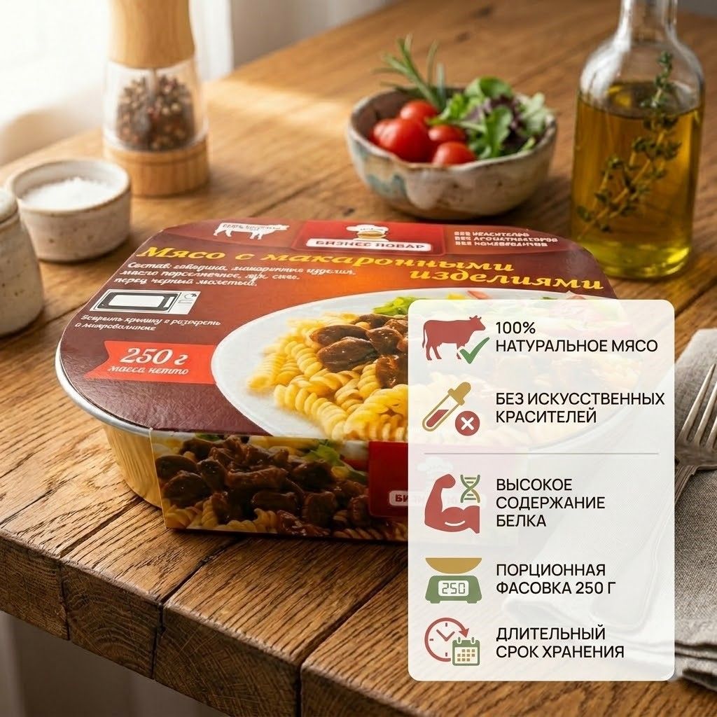 Мясо с макаронными изделиями Л4, 250 г  (Бизнес Повар) с доставкой по России | BreadyФото 1