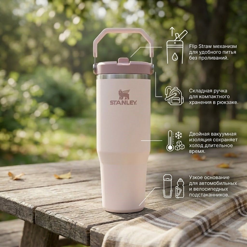 Стакан IceFlow Flip Straw Tumbler STANLEY, 887 ml, 10-09993-394 (цвет Rose Quartz) с доставкой по России | BreadyФото 1