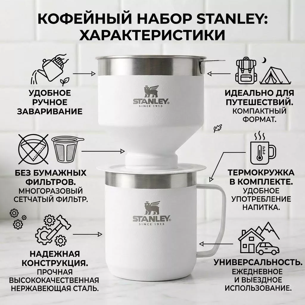 Походная кофеварка STANLEY Perfect Brew Pour Over Set 10-09566-034 белая с доставкой по России | BreadyФото 1