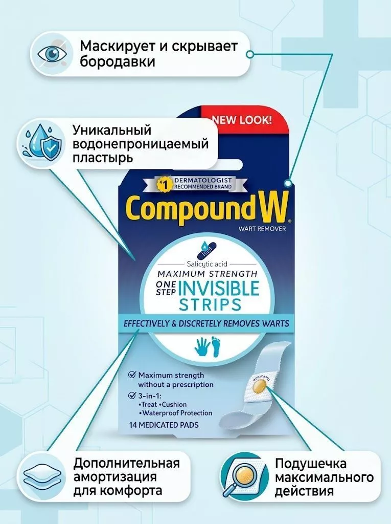 Прозрачные пластыри для удаления бородавок Compound W One Step Invisible Strips с доставкой по России | BreadyФото 1