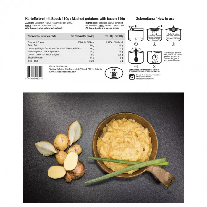 Картофельное пюре с беконом Tactical Foodpack MASHED POTATOES and BACON 110 г с доставкой по России | Bready