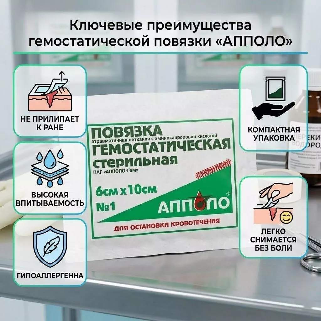 Повязка гемостатическая атравматичная с аминокапроновой кислотой АППОЛО 6х10 см с доставкой по России | BreadyФото 1