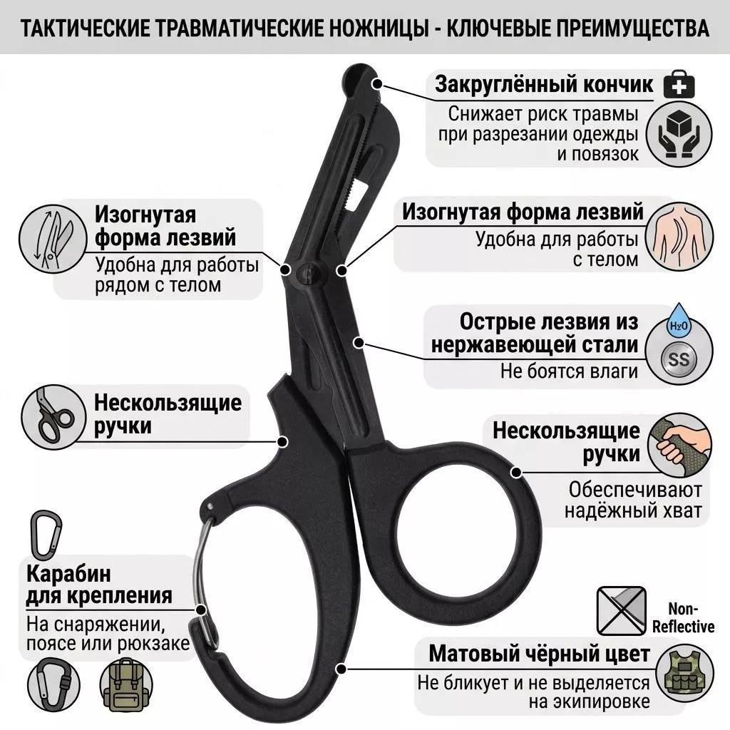 Тактические ножницы с карабином 19см чёрные с доставкой по России | BreadyФото 1