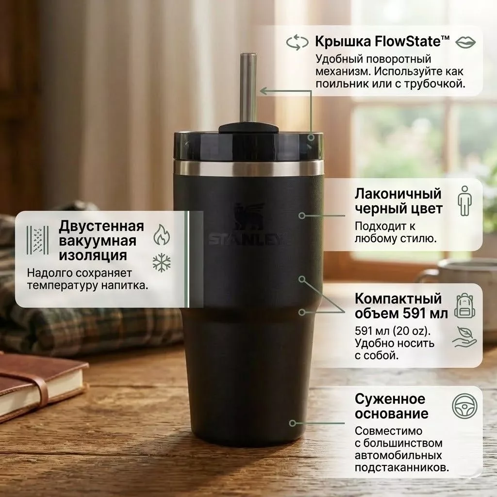 ТЕРМОКРУЖКА STANLEY ADVENTURE QUENCHER H2.0 FLOWSTATE TUMBLER 10-11911-015 (черная) 591ML с доставкой по России | BreadyФото 1