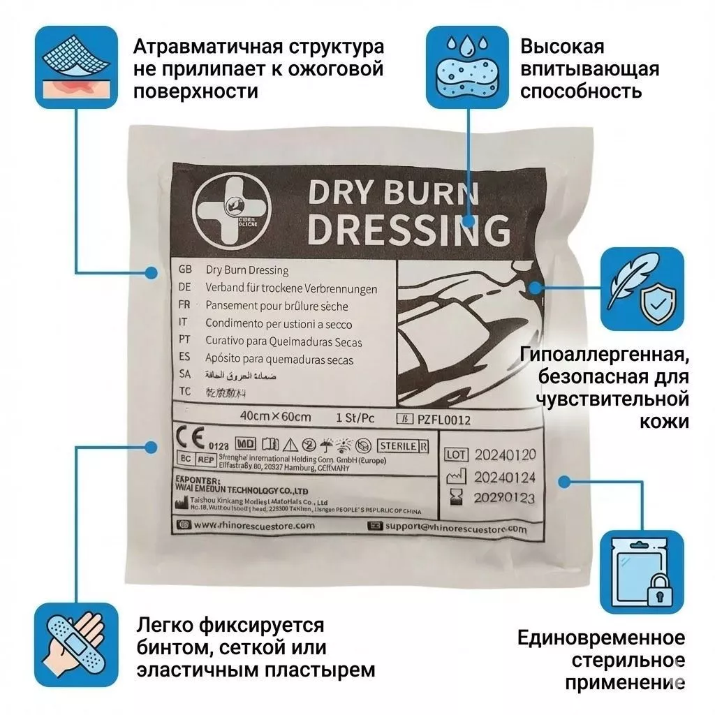 Сухая стерильная противоожоговая повязка 40х60 см. Dry Burn Dressing RHINO Rescue с доставкой по России | BreadyФото 1