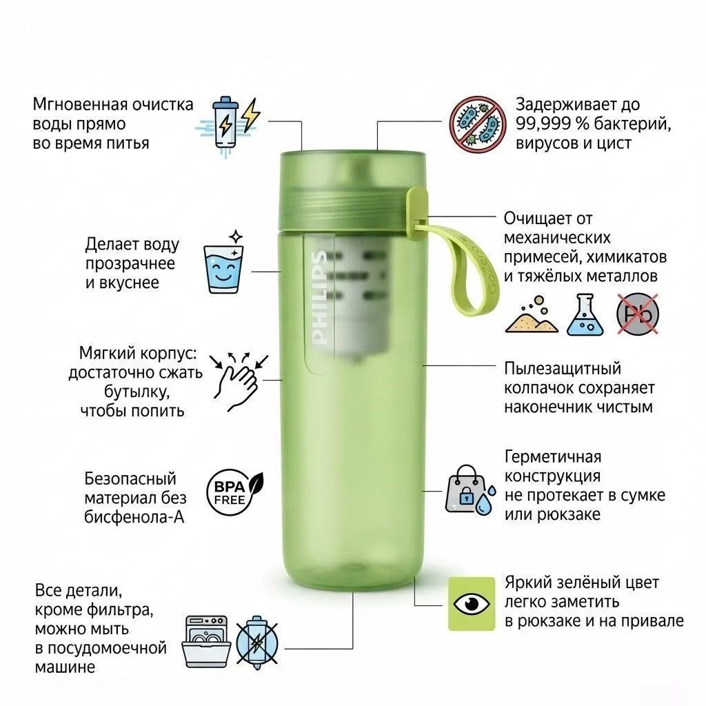 PHILIPS Бутылка-фильтр для туризма, серия Adventure AWP2722LIR/ 58 (зеленый) с доставкой по России | BreadyФото 1