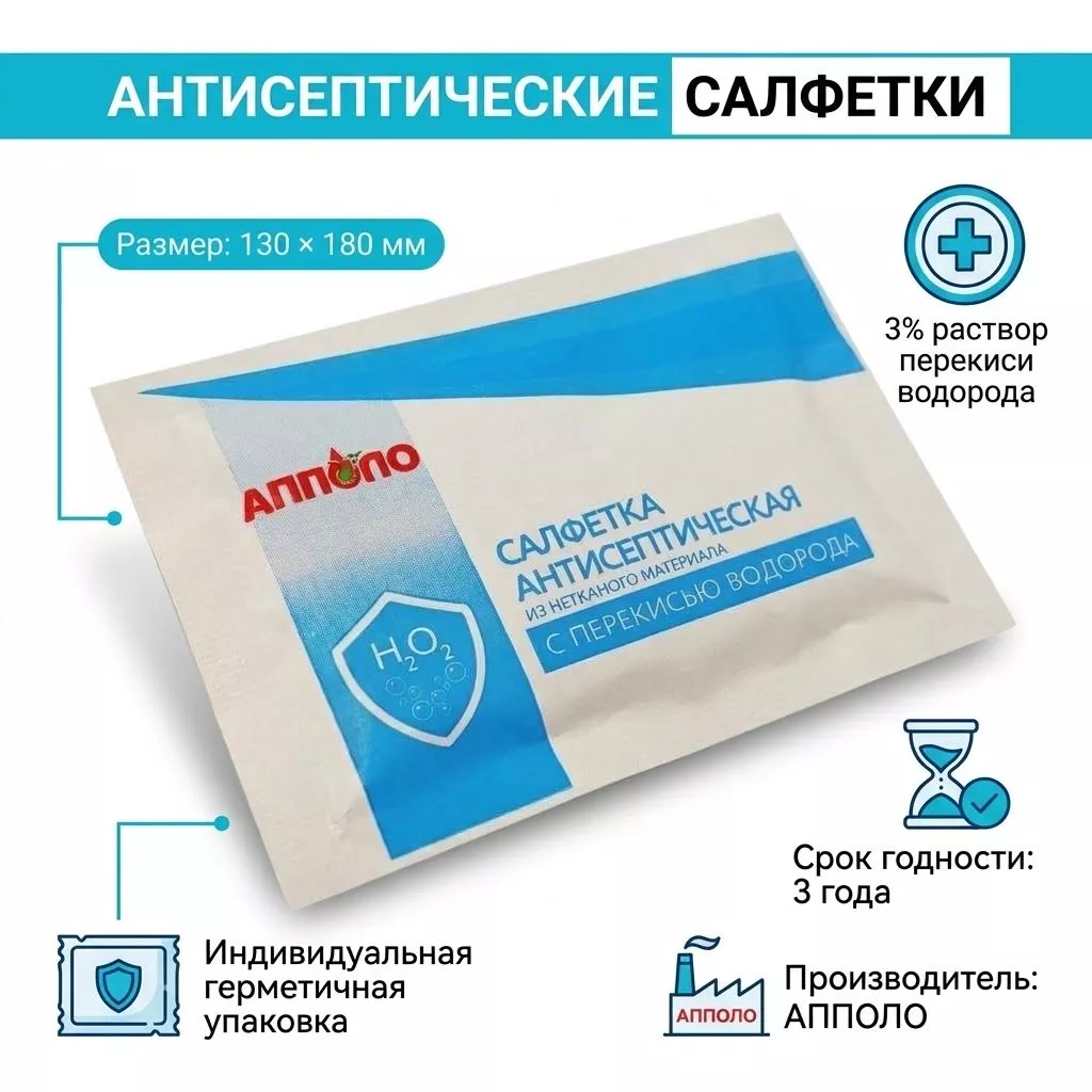Салфетка с перекисью водорода АППОЛО 130х180 мм с доставкой по России | BreadyФото 1