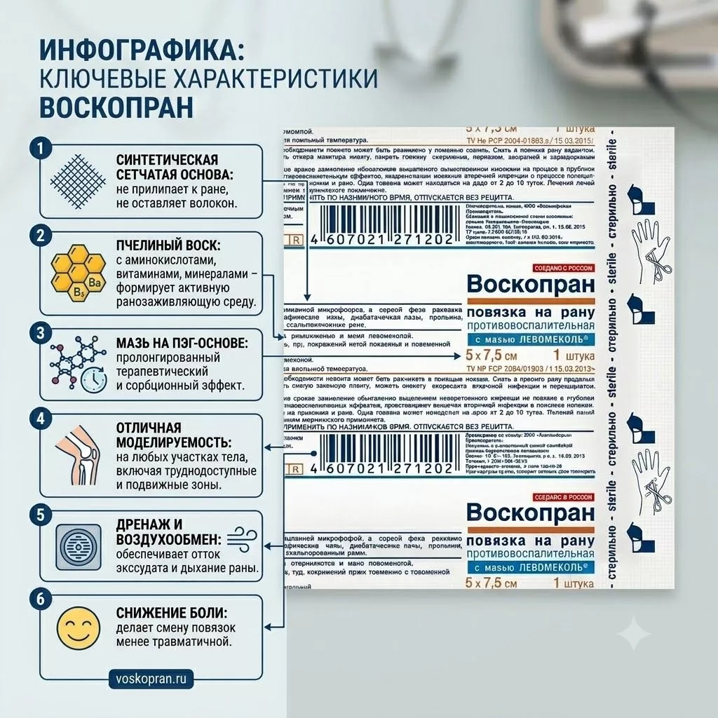 ВОСКОПРАН повязка с левомеколем (Левометил) 5х7,5 см 1 шт. с доставкой по России | BreadyФото 1